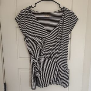 Apt. 9 Black and White Striped Faux-Wrap Short Sleeve Top